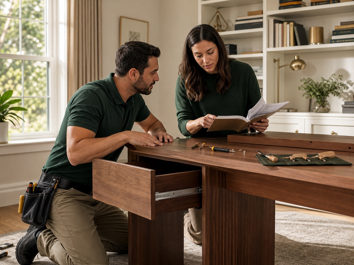 A local helper assembling a desk with a customer