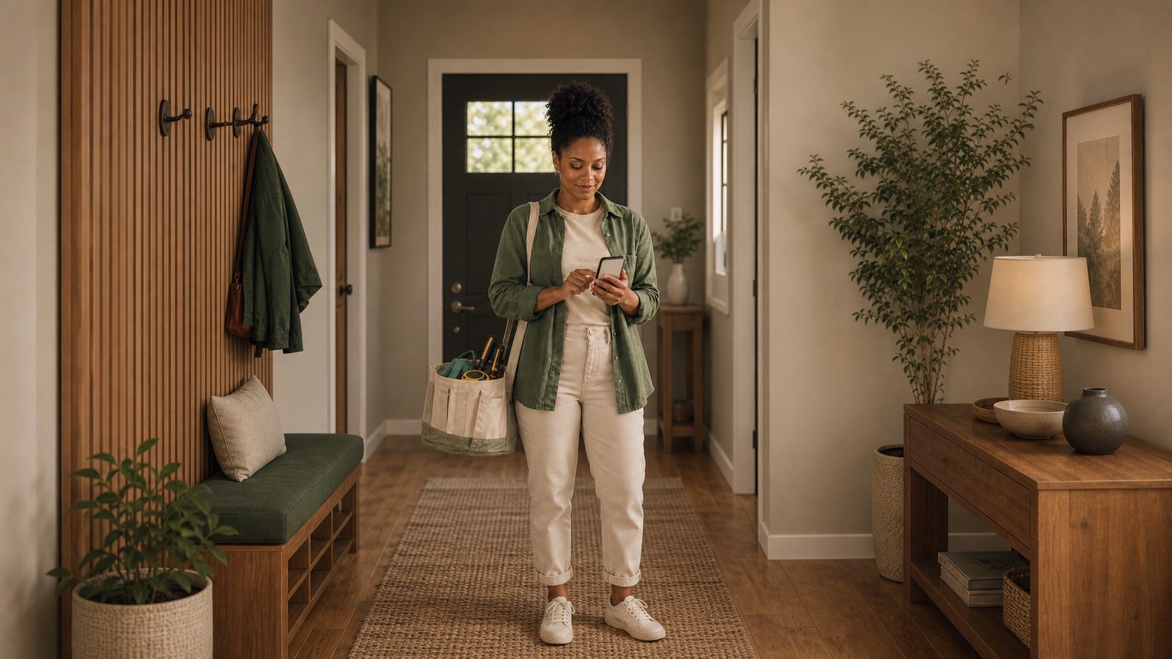 A prepared local helper centered in a home entryway while reviewing a request